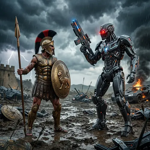 Trojan Warrior vs Terminator: Epic Battle on Ancient Battlefield