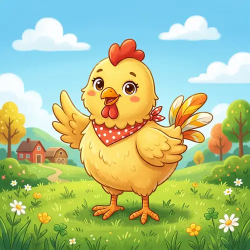 Cute Cartoon Chicken on Green Grass