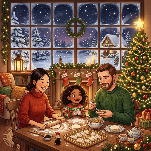 Festive Family Making Dumplings Around Christmas Tree