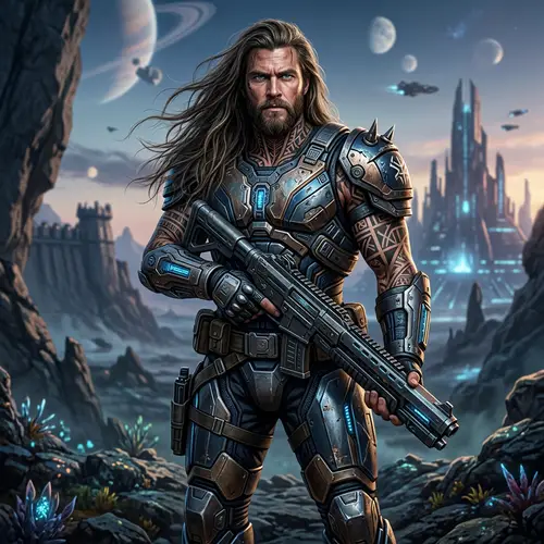 Handsome Man with Long Hair, Blue Eyes & Alien Warrior Armor