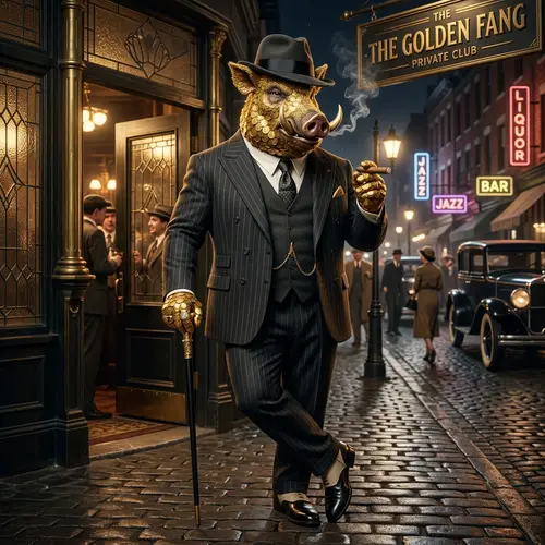 Gangster Boar with Golden Coin Texture Dressed in Al Capone style