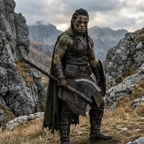 Muscular Half-Orc Woman with Double Axe - Fantasy Artwork