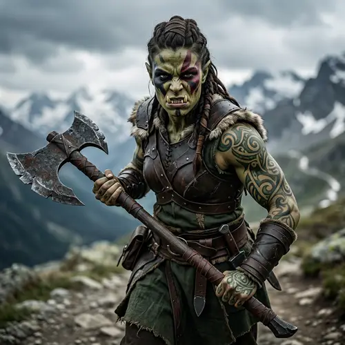 Fantasy Half-Orc Woman with Muscular Build Holding Double-Headed Axe