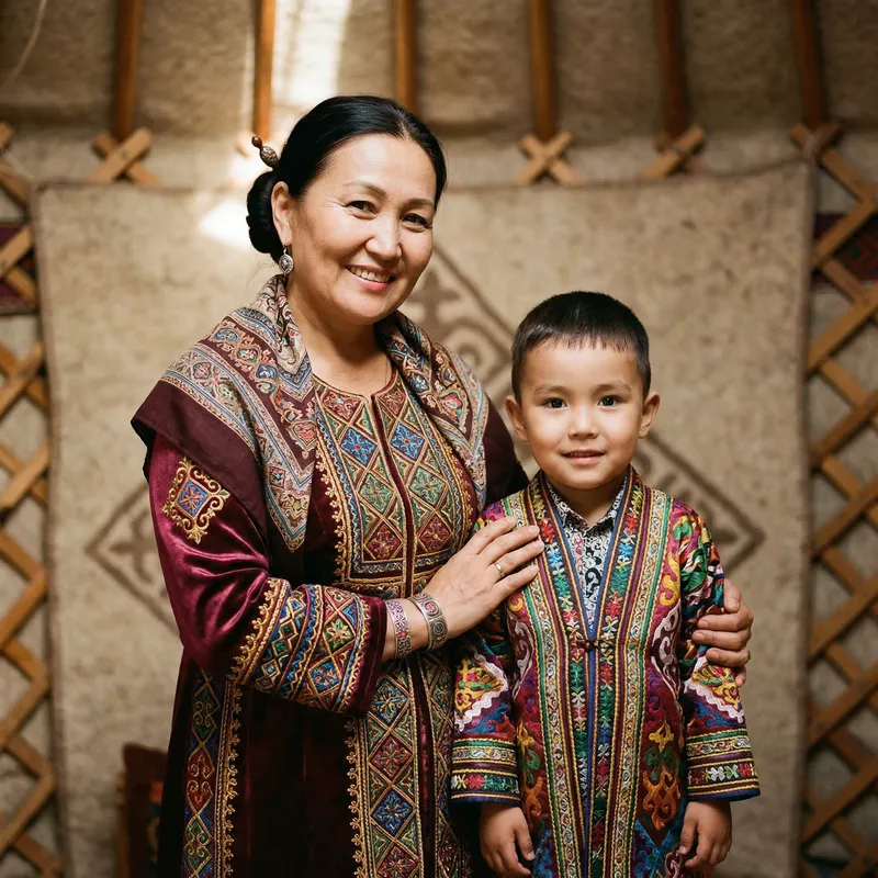 Warm Family Bond: Kazakh Mother & Son Portrait