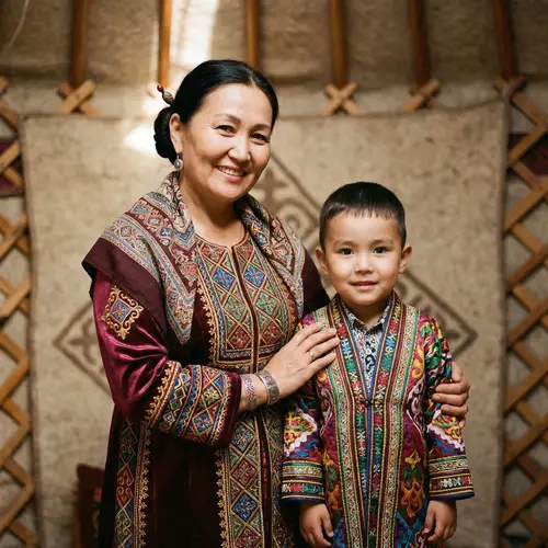 Warm Family Bond: Kazakh Mother & Son Portrait