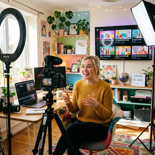 Creative Vlogging Scene: Young Female Vlogger in Vibrant Room