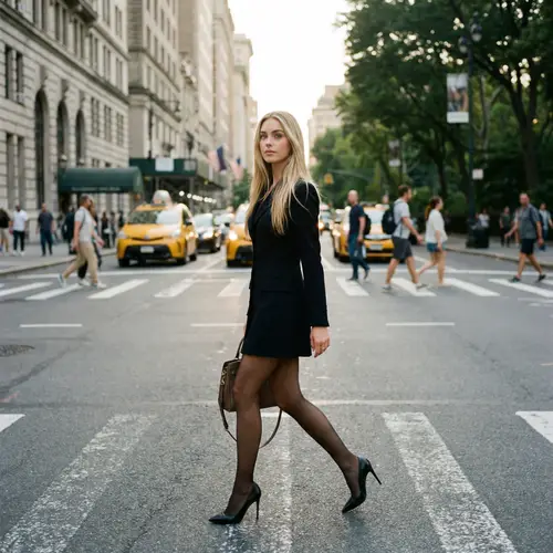 Elegant Blonde Woman Walking City Streets with Chic Fashion Style