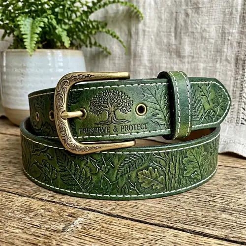 Eco-Friendly Green Leather Belt with Plant Motifs