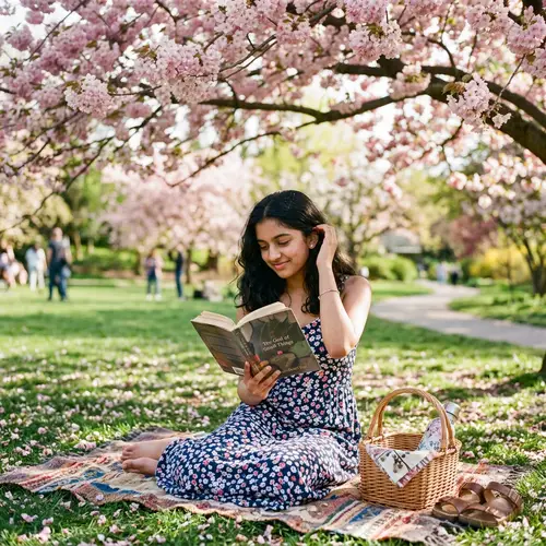 Young South Asian Female Reading Book Under Blossoming Cherry Tree