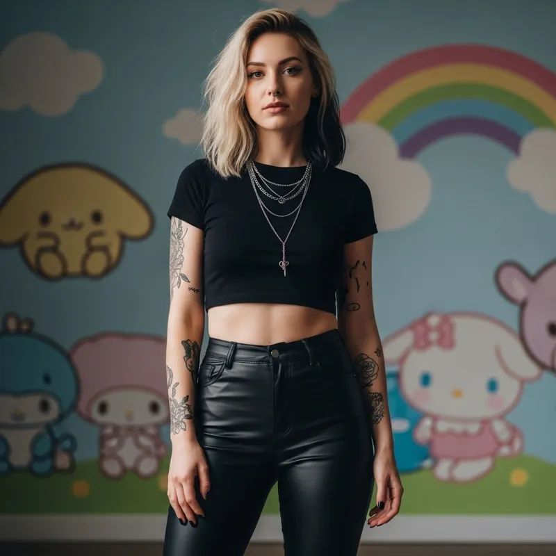 Confident Young Woman in Trendy Attire and Vivid Setting