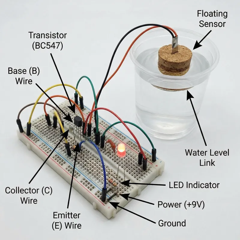 Water Level Indicator Transistor Circuit on Breadboard Water Level Indicator Transistor Circuit on Breadboard
