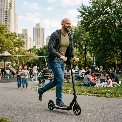 Muscular Figure Riding Scooter in City Park | Outdoor Fun