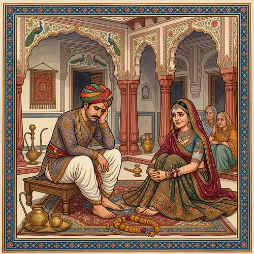 Traditional Rajasthani Painting: Troubled Indian Couple in Marital Crisis