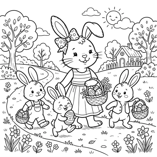 Cute Easter Bunny with Kids - Comic Style Coloring Page