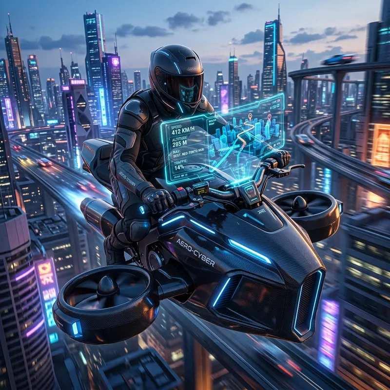 Futuristic Flying Drone Motorcycle with Hologram