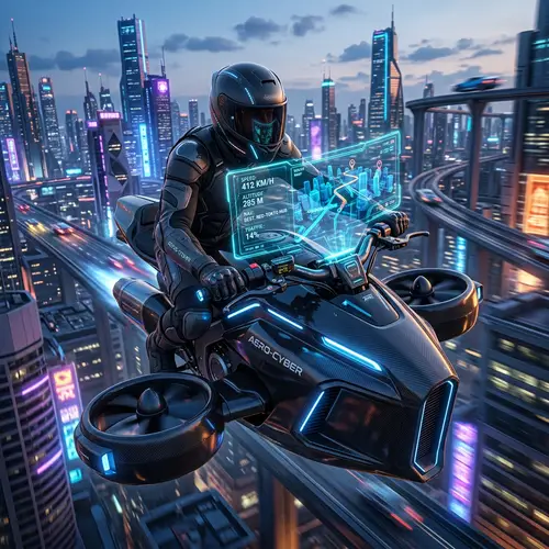 Futuristic Flying Drone Motorcycle with Hologram