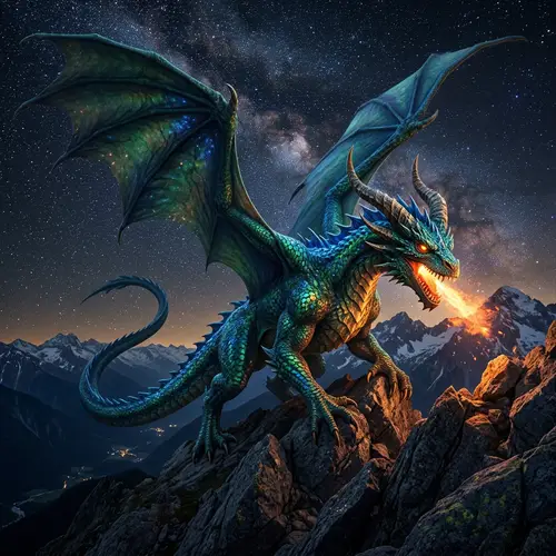 Majestic Dragon with Iridescent Scales | Night Sky Scene