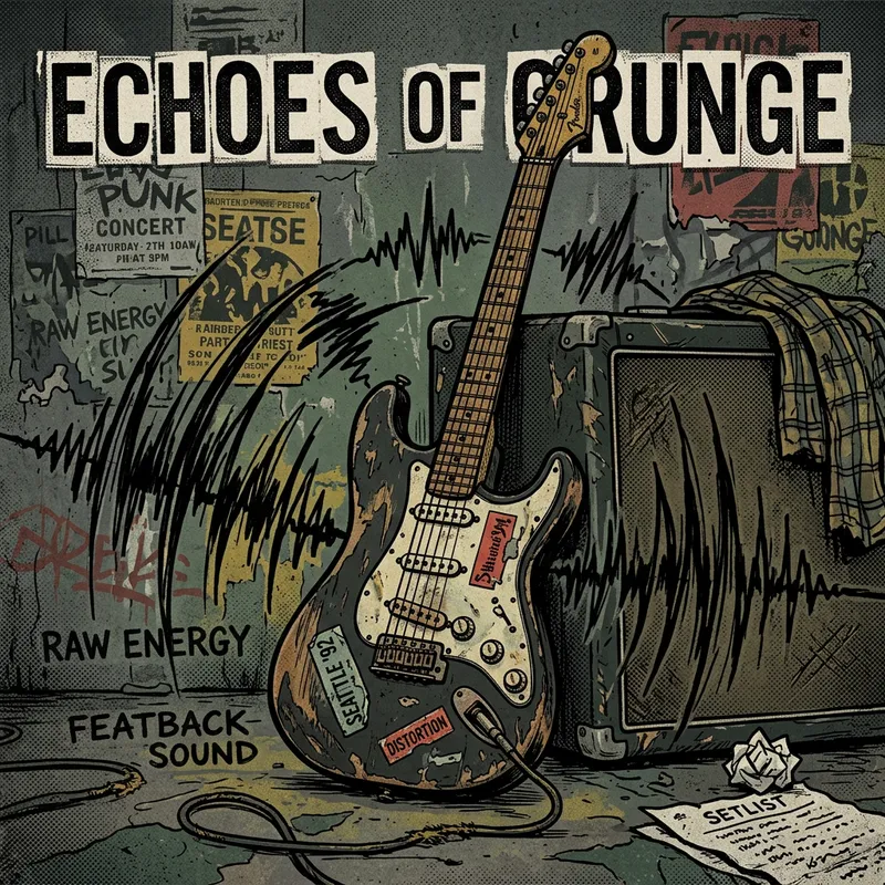 Echoes of Grunge Electric Guitar with Soundwaves Illustration