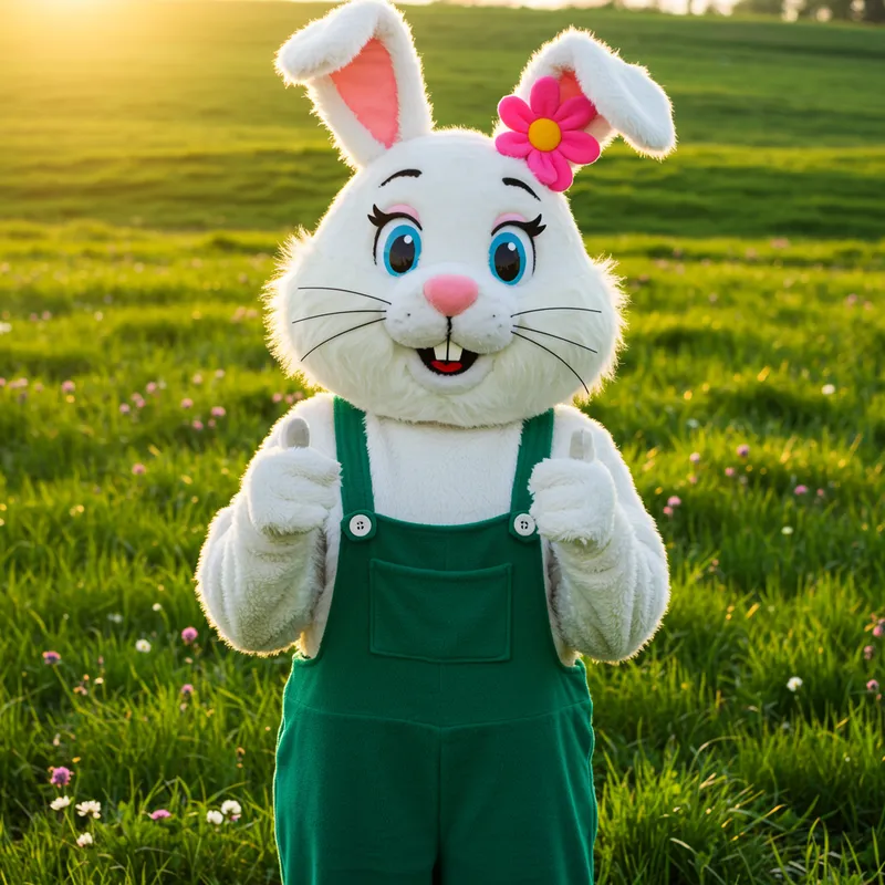 Cute Easter Bunny Mascot in Green Overalls