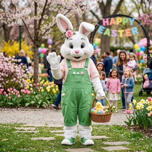 Cute Easter Bunny Mascot in Green Overalls