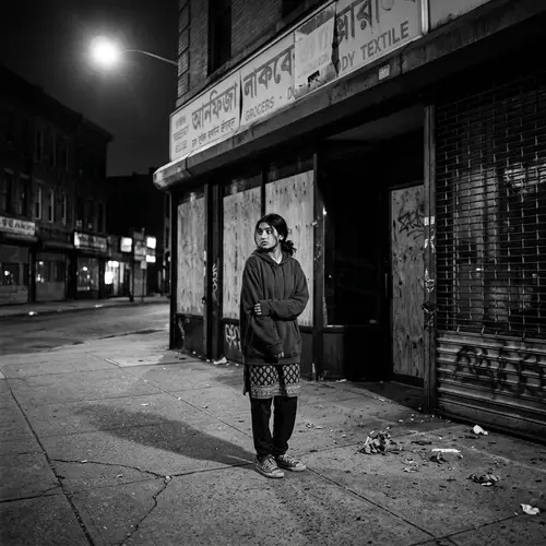 Eerie Midnight Scene: South Asian Girl Alone at Empty Shop
