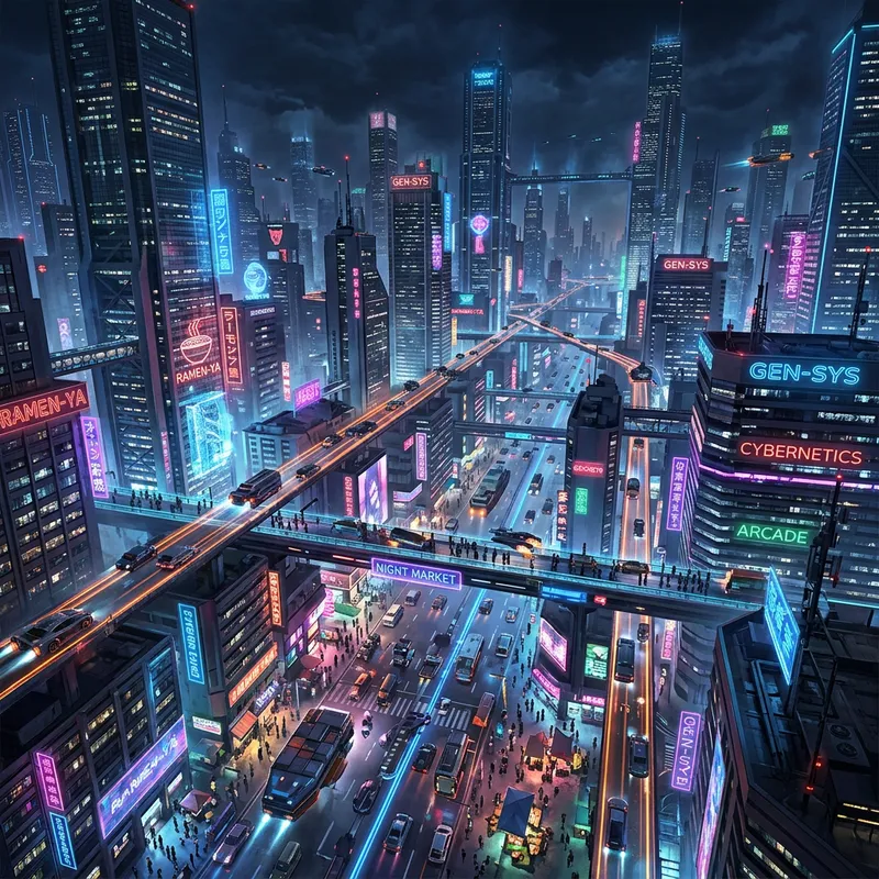 Futuristic Cyberpunk Cityscape: Vibrant Neon Lights & Flying Cars