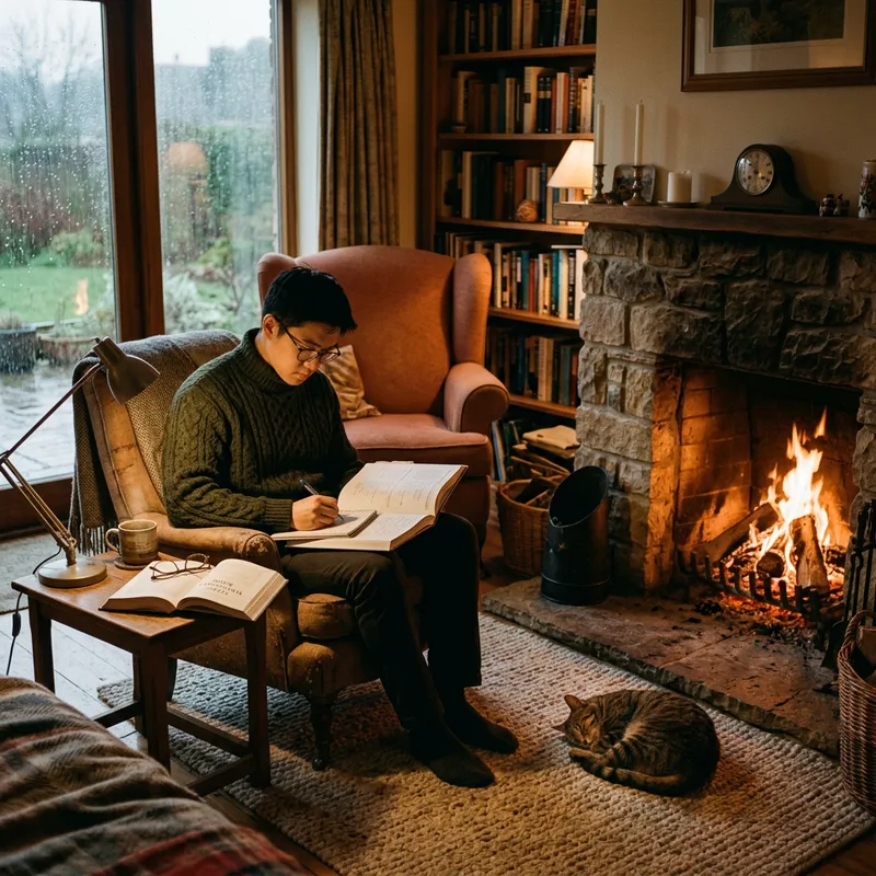 Tranquil Rainy Day Scene: Cozy Room with Fireplace, Sofa, Cat, and Student