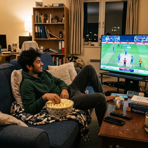 Relaxed South Asian Student with TV and Popcorns