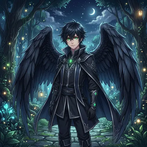 Anime Guy with Striking Green Eyes & Dark Angel Wings