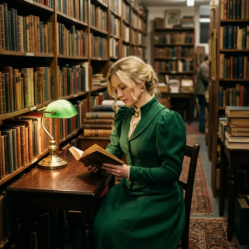 Blonde Woman Reading in Antique Bookstore Blonde Woman Reading in Antique Bookstore
