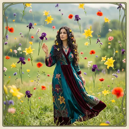 Surreal Portrait of Woman in Floating Flowers Field