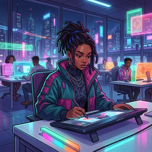 Stunning Black Woman Illustration in Cyberpunk Office
