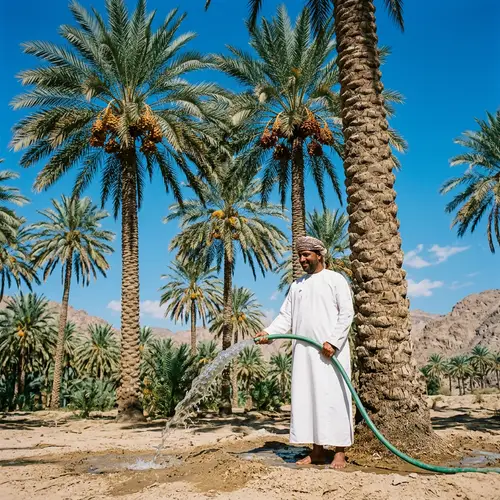 Traditional Omani Man Watering Lush Palm Trees