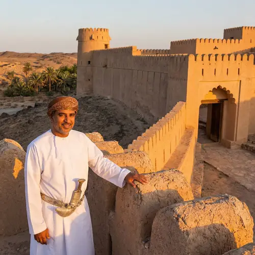 Omani Man Standing next to Ancient Fort | Cultural Heritage Scene