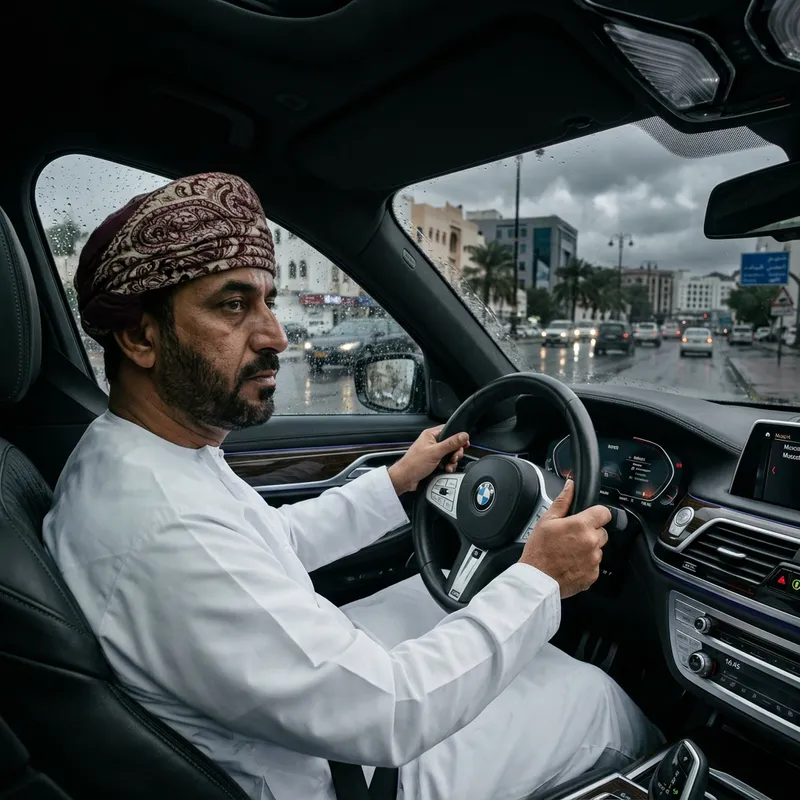 Omani Man In Traditional Attire Driving BMW Car Looking Sad