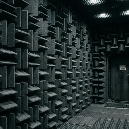 Dark Grey Anechoic Chamber Wall: Pyramid-Shaped Sound-Absorbing Panels