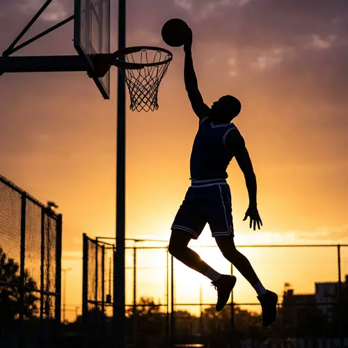 Silhouette of Basketball Player Going for Layup at Rim