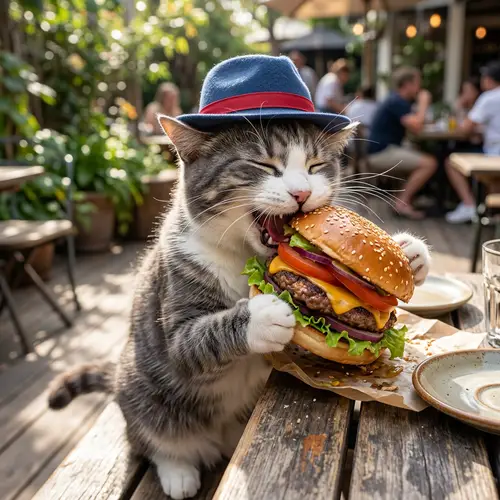 Cat with Hat Enjoying Burger - Whimsical Illustration