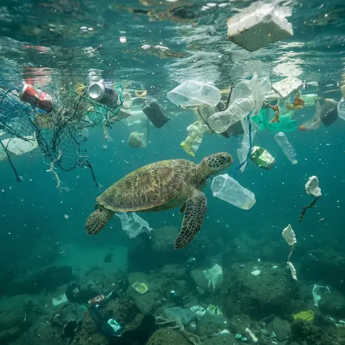 Turtle Swimming Amidst Ocean Trash