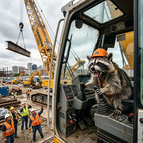Angry Raccoon Operates Crane: Hilarious Image!