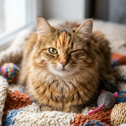 Playful Cat Winking: Fluffy Fur and Long Whiskers