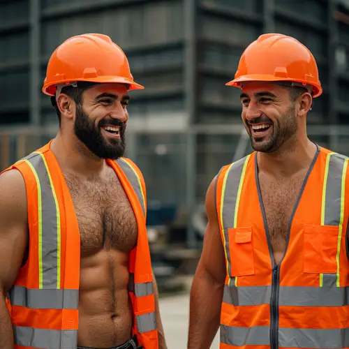 Smiling Men in Hard Hats and Vests