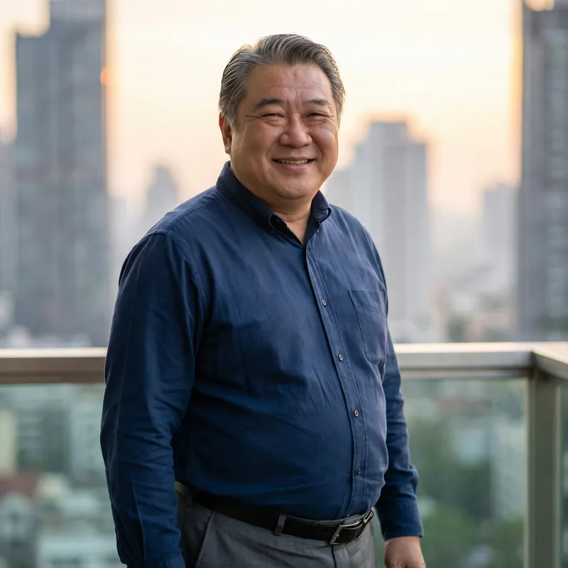 Middle-Aged Plump Asian Man with Gentle Demeanor