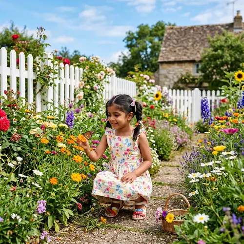 Adorable South-Asian Girl Exploring Colorful Flower Garden