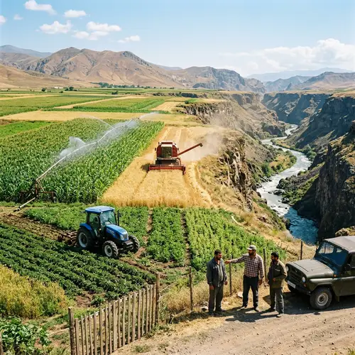 Bountiful Harvest: Sunlit Field with Sprinkler Machines and Armenian Farmers