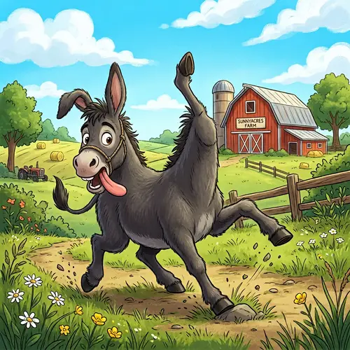 Clumsy and Endearing Cartoon Donkey in a Playful Field