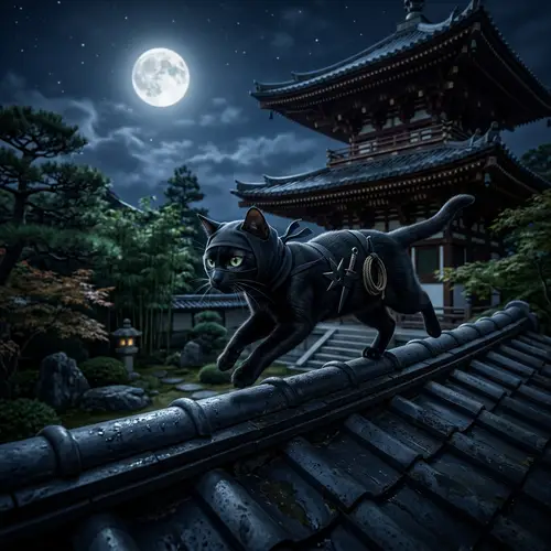 Ninja Cat - Agile Feline with Sharp Gaze | Japanese Garden Scene