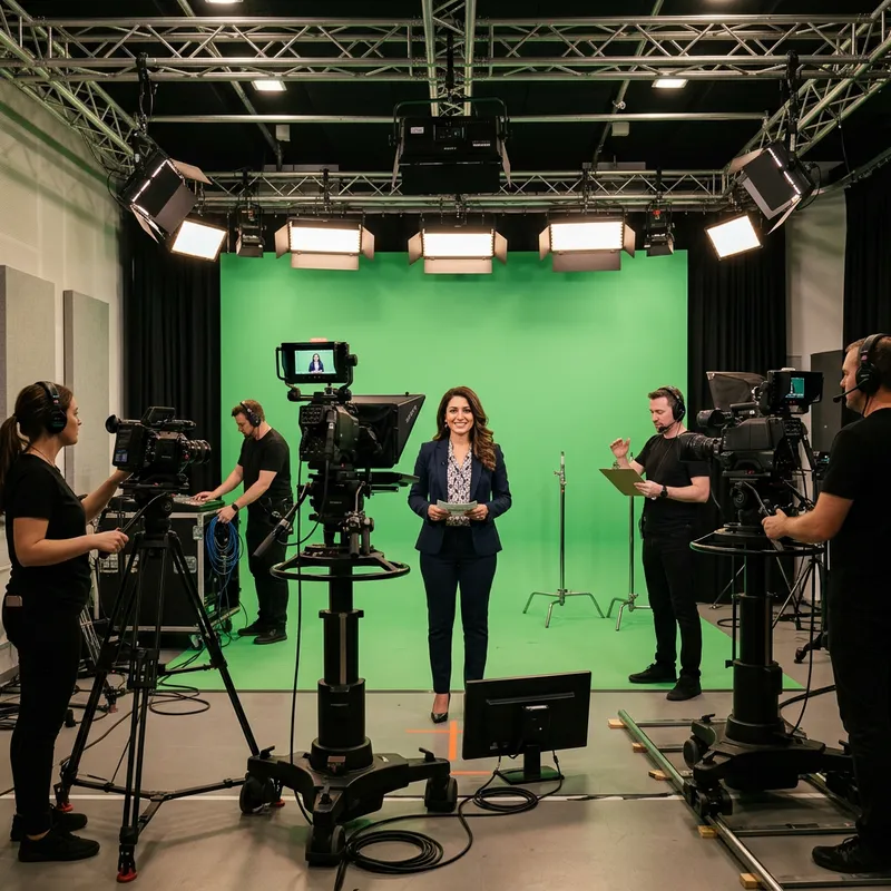 Professional Studio Three-Camera Setup with Presenter in Action Professional Studio Three-Camera Setup with Presenter in Action