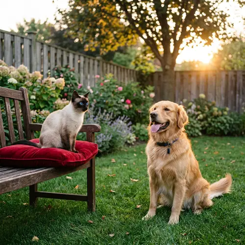 Siamese Cat and Golden Retriever - Peaceful Backyard Scene