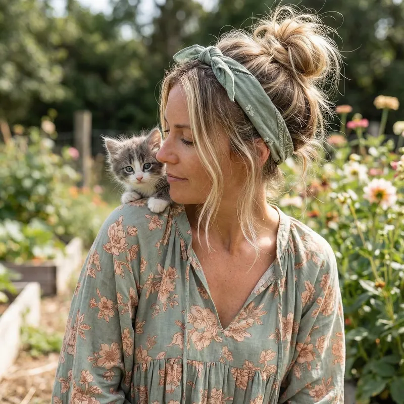 Beautiful Woman with Kitten in Sage Dress Beautiful Woman with Kitten in Sage Dress
